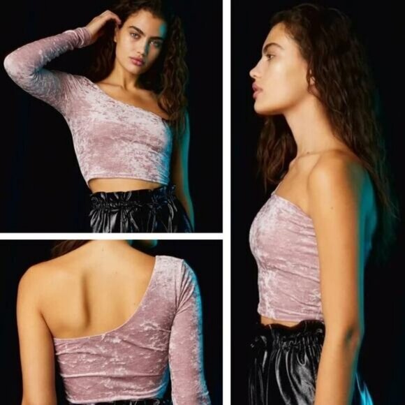 TNA Aritzia Hollywood Crushed Velvet One Shoulder Crop Tee Size XXS Pink - Picture 1 of 7